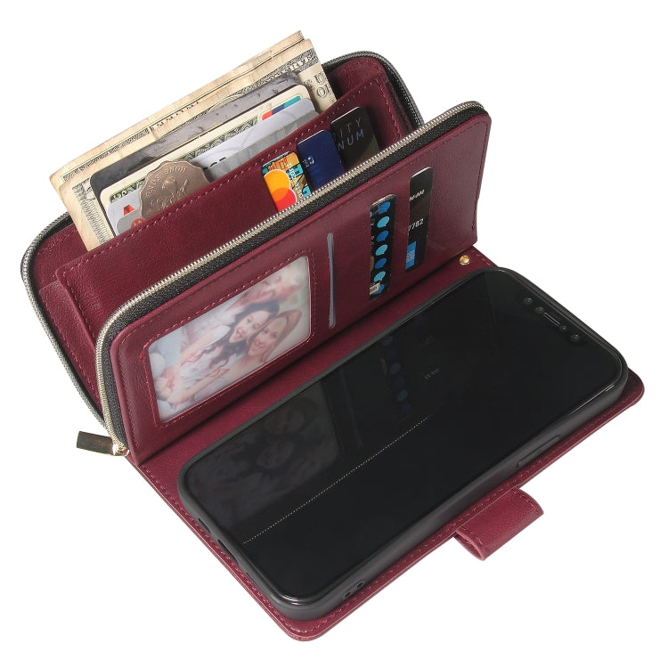 For iPhone 12 Pro Max Zipper Wallet Bag Horizontal Flip PU Leather Case with Holder & 9 Card Slots & Wallet & Lanyard & Photo Frame(Wine Red) - iPhone 12 Pro Max Cases by buy2fix | Online Shopping UK | buy2fix