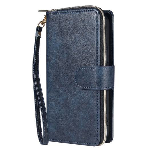 For iPhone 12 Pro Max Zipper Wallet Bag Horizontal Flip PU Leather Case with Holder & 9 Card Slots & Wallet & Lanyard & Photo Frame(Blue) - iPhone 12 Pro Max Cases by buy2fix | Online Shopping UK | buy2fix