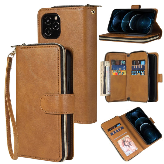 For iPhone 12 Pro Max Zipper Wallet Bag Horizontal Flip PU Leather Case with Holder & 9 Card Slots & Wallet & Lanyard & Photo Frame(Brown)