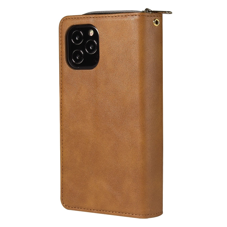 For iPhone 12 Pro Max Zipper Wallet Bag Horizontal Flip PU Leather Case with Holder & 9 Card Slots & Wallet & Lanyard & Photo Frame(Brown) - iPhone 12 Pro Max Cases by buy2fix | Online Shopping UK | buy2fix