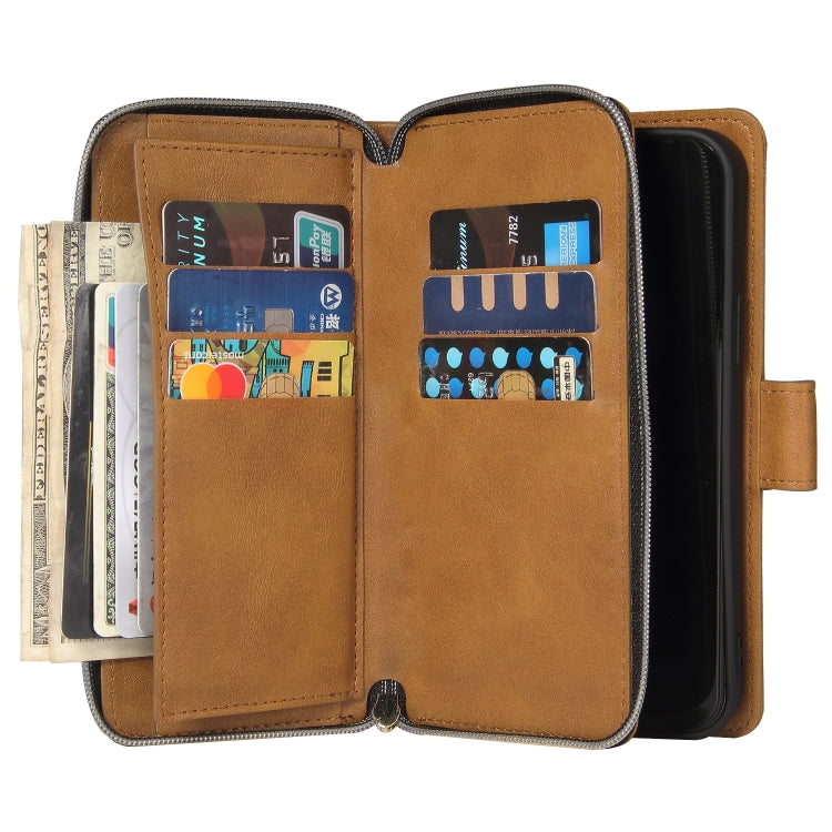 For iPhone 12 Pro Max Zipper Wallet Bag Horizontal Flip PU Leather Case with Holder & 9 Card Slots & Wallet & Lanyard & Photo Frame(Brown) - iPhone 12 Pro Max Cases by buy2fix | Online Shopping UK | buy2fix