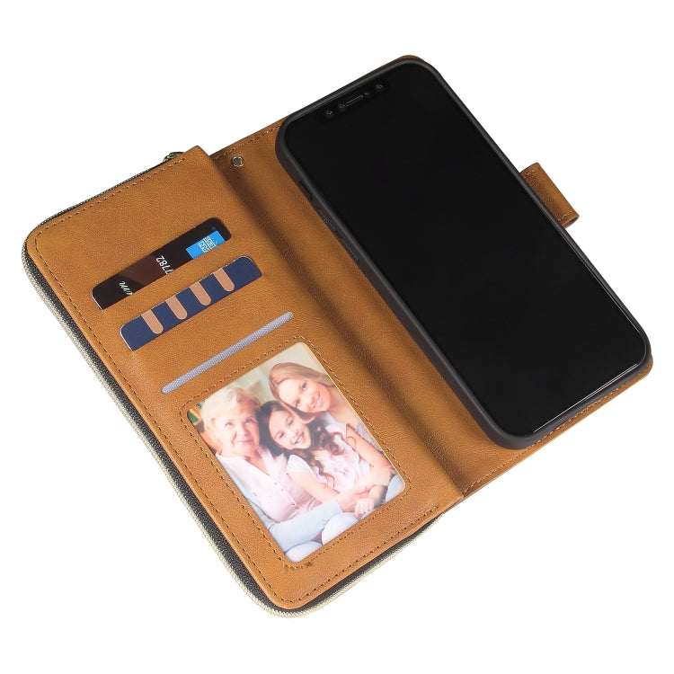 For iPhone 12 Pro Max Zipper Wallet Bag Horizontal Flip PU Leather Case with Holder & 9 Card Slots & Wallet & Lanyard & Photo Frame(Brown) - iPhone 12 Pro Max Cases by buy2fix | Online Shopping UK | buy2fix