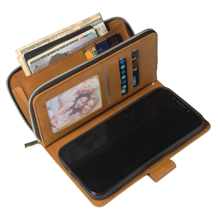For iPhone 12 Pro Max Zipper Wallet Bag Horizontal Flip PU Leather Case with Holder & 9 Card Slots & Wallet & Lanyard & Photo Frame(Brown) - iPhone 12 Pro Max Cases by buy2fix | Online Shopping UK | buy2fix