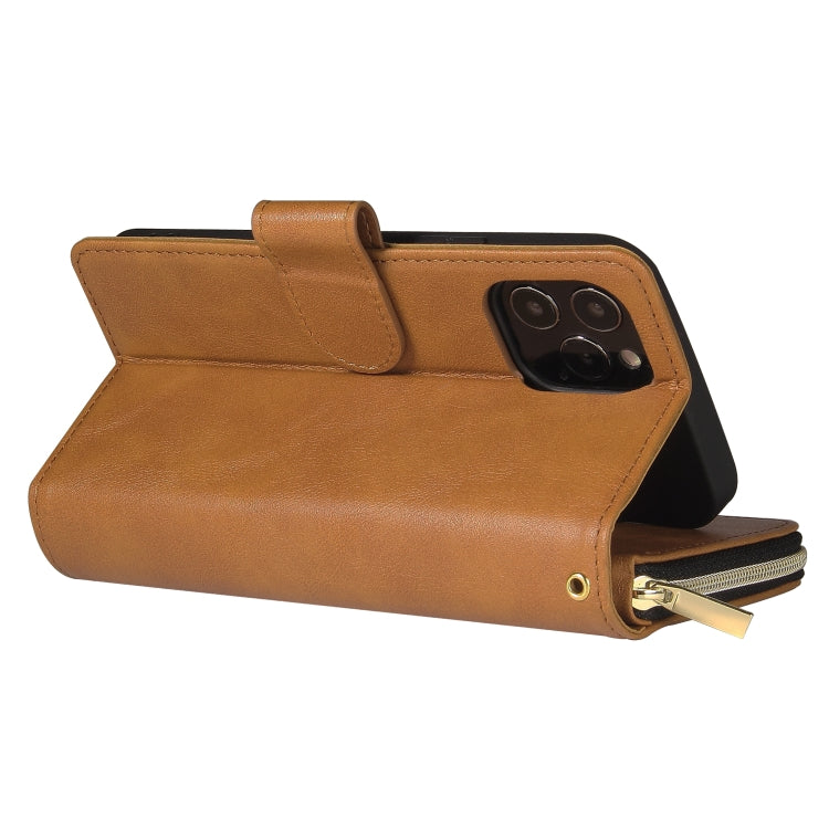 For iPhone 12 Pro Max Zipper Wallet Bag Horizontal Flip PU Leather Case with Holder & 9 Card Slots & Wallet & Lanyard & Photo Frame(Brown) - iPhone 12 Pro Max Cases by buy2fix | Online Shopping UK | buy2fix