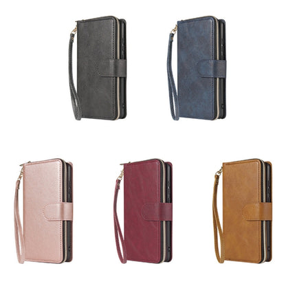 For iPhone 12 Pro Max Zipper Wallet Bag Horizontal Flip PU Leather Case with Holder & 9 Card Slots & Wallet & Lanyard & Photo Frame(Brown) - iPhone 12 Pro Max Cases by buy2fix | Online Shopping UK | buy2fix