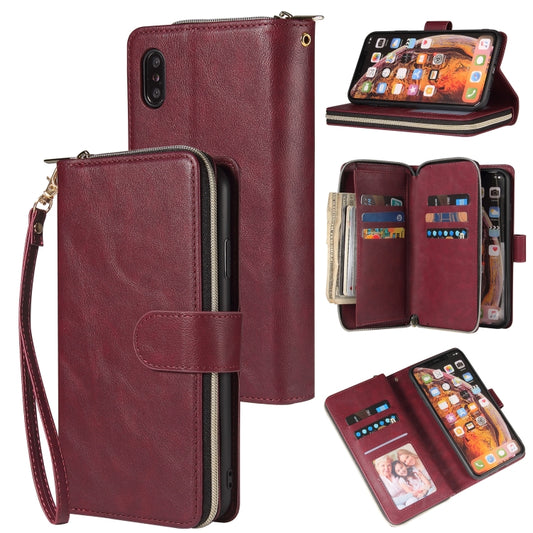 For iPhone XR Zipper Wallet Bag Horizontal Flip PU Leather Case with Holder & 9 Card Slots & Wallet & Lanyard & Photo Frame(Wine Red) - More iPhone Cases by buy2fix | Online Shopping UK | buy2fix