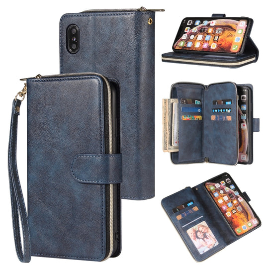 For iPhone XR Zipper Wallet Bag Horizontal Flip PU Leather Case with Holder & 9 Card Slots & Wallet & Lanyard & Photo Frame(Blue) - More iPhone Cases by buy2fix | Online Shopping UK | buy2fix