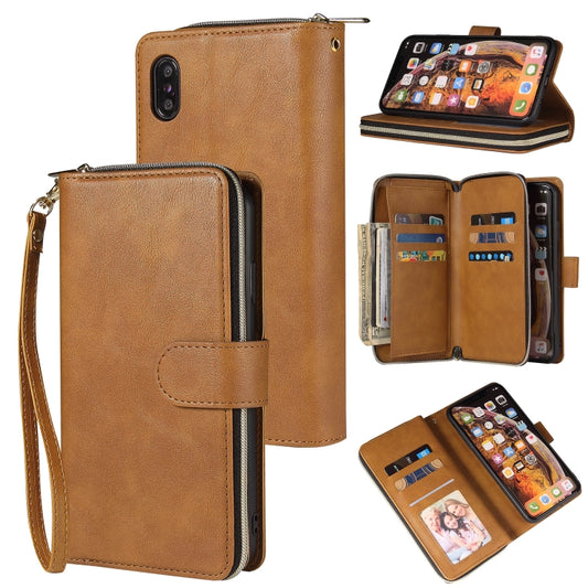 For iPhone XR Zipper Wallet Bag Horizontal Flip PU Leather Case with Holder & 9 Card Slots & Wallet & Lanyard & Photo Frame(Brown) - More iPhone Cases by buy2fix | Online Shopping UK | buy2fix