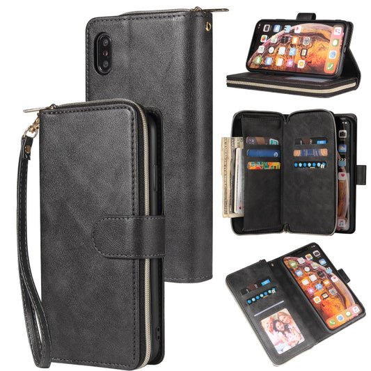 For iPhone XS Max Zipper Wallet Bag Horizontal Flip PU Leather Case with Holder & 9 Card Slots & Wallet & Lanyard & Photo Frame(Black) - More iPhone Cases by buy2fix | Online Shopping UK | buy2fix