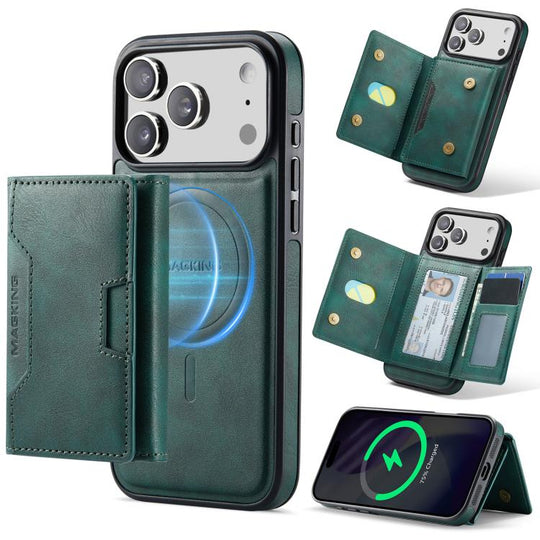 For iPhone 18 Pro Max / 17 Pro Max MAGKING K4 Series MagSafe RFID Tri-fold Card Bag Detachable Phone Case(Green)
