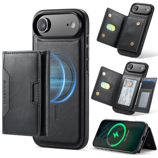 For iPhone Air MAGKING K4 Series MagSafe RFID Tri-fold Card Bag Detachable Phone Case(Black)