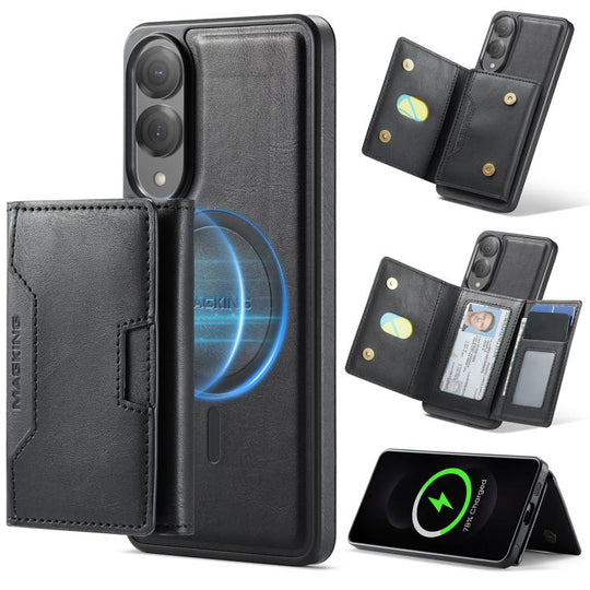 For Samsung Galaxy S25 Edge 5G MAGKING K4 Series MagSafe RFID Tri-fold Card Bag Detachable Phone Case(Black)