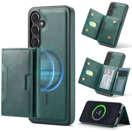 For Samsung Galaxy S25 FE 5G MAGKING K4 Series MagSafe RFID Tri-fold Card Bag Detachable Phone Case(Green)