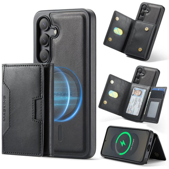For Samsung Galaxy S25 5G MAGKING K4 Series MagSafe RFID Tri-fold Card Bag Detachable Phone Case(Black)