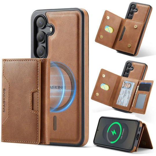 For Samsung Galaxy S25 5G MAGKING K4 Series MagSafe RFID Tri-fold Card Bag Detachable Phone Case(Brown)