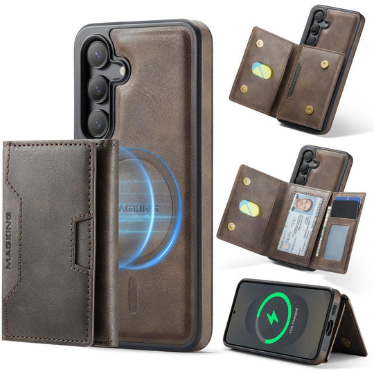 For Samsung Galaxy S25 5G MAGKING K4 Series MagSafe RFID Tri-fold Card Bag Detachable Phone Case(Coffee)