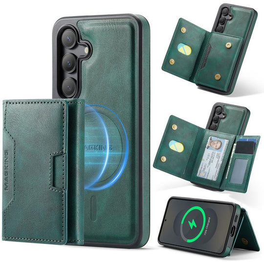For Samsung Galaxy S25 5G MAGKING K4 Series MagSafe RFID Tri-fold Card Bag Detachable Phone Case(Green)