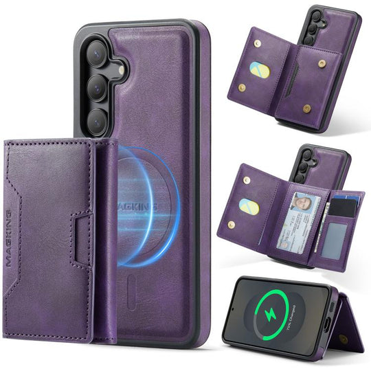 For Samsung Galaxy S25 5G MAGKING K4 Series MagSafe RFID Tri-fold Card Bag Detachable Phone Case(Purple)
