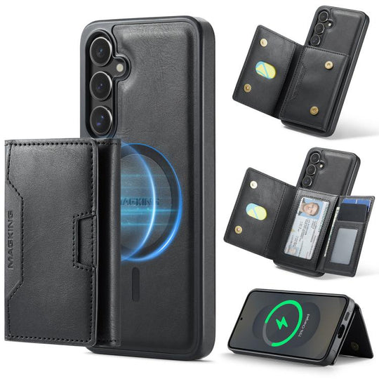 For Samsung Galaxy S25+ 5G MAGKING K4 Series MagSafe RFID Tri-fold Card Bag Detachable Phone Case(Black)