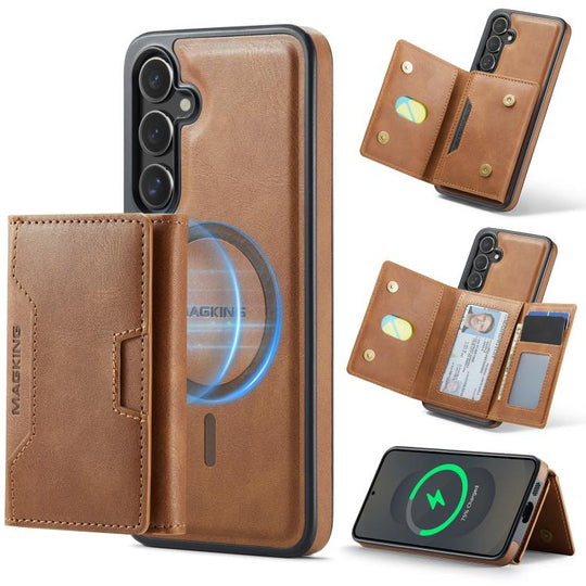 For Samsung Galaxy S25+ 5G MAGKING K4 Series MagSafe RFID Tri-fold Card Bag Detachable Phone Case(Brown)