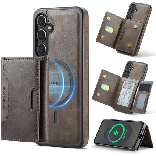 For Samsung Galaxy S25+ 5G MAGKING K4 Series MagSafe RFID Tri-fold Card Bag Detachable Phone Case(Coffee)