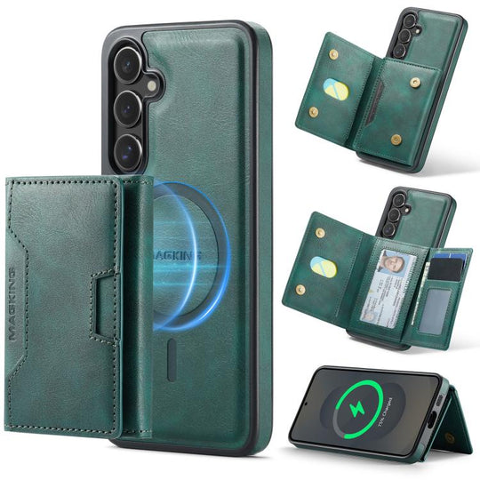 For Samsung Galaxy S25+ 5G MAGKING K4 Series MagSafe RFID Tri-fold Card Bag Detachable Phone Case(Green)