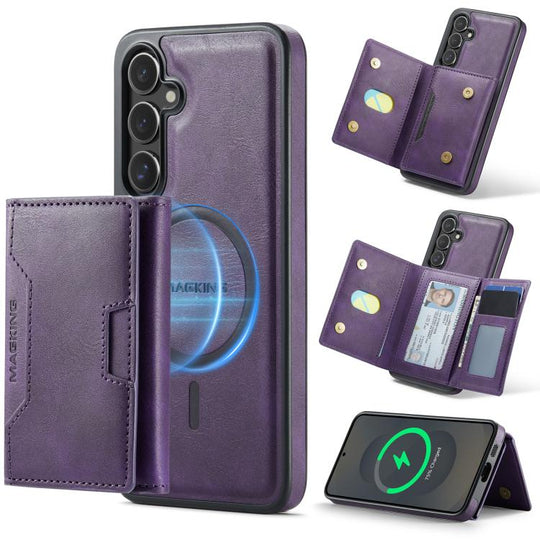 For Samsung Galaxy S25+ 5G MAGKING K4 Series MagSafe RFID Tri-fold Card Bag Detachable Phone Case(Purple)