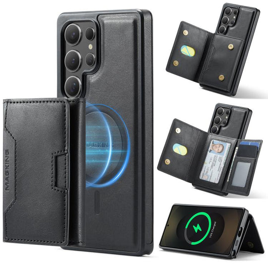 For Samsung Galaxy S25 Ultra 5G MAGKING K4 Series MagSafe RFID Tri-fold Card Bag Detachable Phone Case(Black)