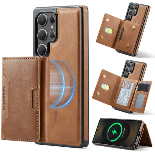 For Samsung Galaxy S25 Ultra 5G MAGKING K4 Series MagSafe RFID Tri-fold Card Bag Detachable Phone Case(Brown)