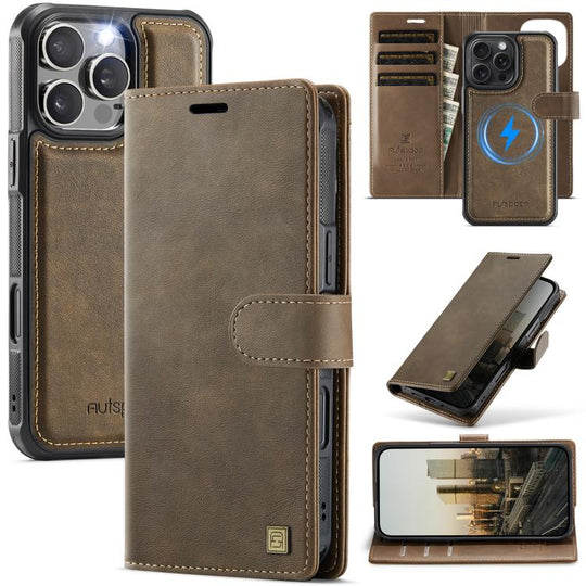 For iPhone 16 Pro Max AutSpace A05 2 in 1 Retro Calf Texture MagSafe Magnetic Phone Case(Brown)