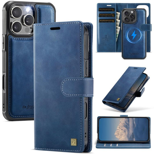 For iPhone 16 Pro Max AutSpace A05 2 in 1 Retro Calf Texture MagSafe Magnetic Phone Case(Blue)
