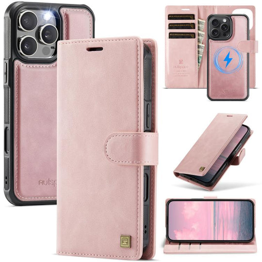 For iPhone 16 Pro AutSpace A05 2 in 1 Retro Calf Texture MagSafe Magnetic Phone Case(Pink)