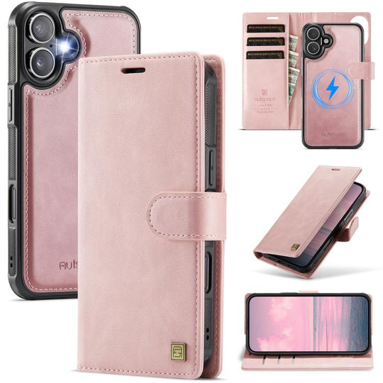 For iPhone 16 Plus AutSpace A05 2 in 1 Retro Calf Texture MagSafe Magnetic Phone Case(Pink)