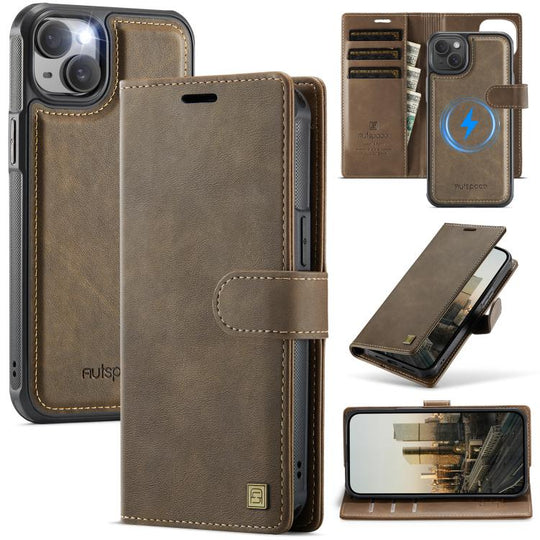 For iPhone 14 Plus AutSpace A05 2 in 1 Retro Calf Texture MagSafe Magnetic Phone Case(Brown)