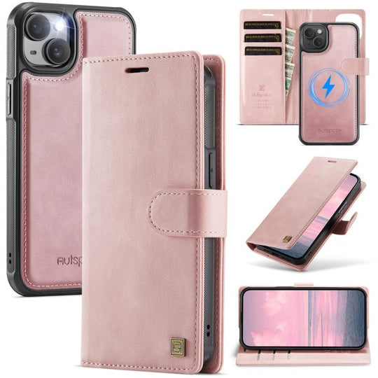 For iPhone 14 Plus AutSpace A05 2 in 1 Retro Calf Texture MagSafe Magnetic Phone Case(Pink)