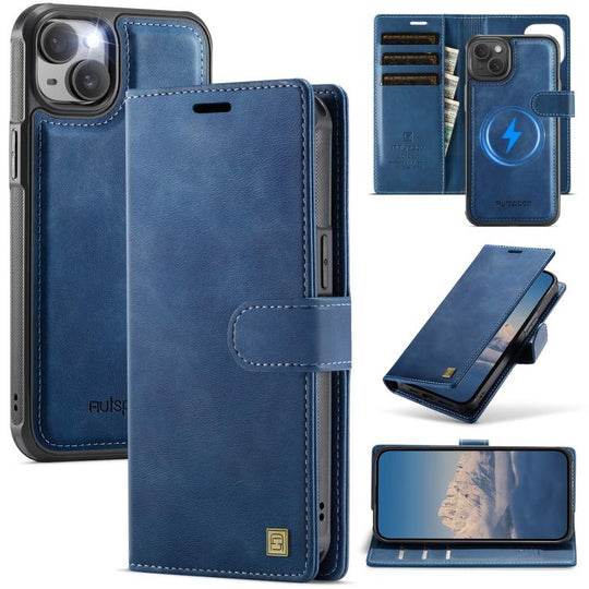 For iPhone 14 / 13 AutSpace A05 2 in 1 Retro Calf Texture MagSafe Magnetic Phone Case(Blue)