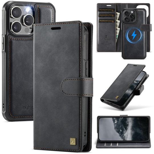 For iPhone 14 Pro AutSpace A05 2 in 1 Retro Calf Texture MagSafe Magnetic Phone Case(Black)
