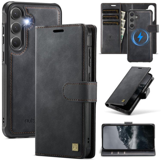 For Samsung Galaxy S25+ 5G / S24+ 5G AutSpace A05 2 in 1 Retro Calf Texture MagSafe Magnetic Phone Case(Black)
