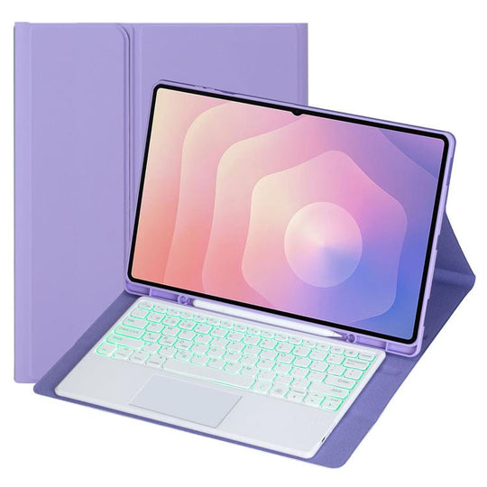 For Samsung Galaxy Tab S11 Ultra Candy Color Touch Backlight Bluetooth Keyboard Leather Tablet Case with Pen Holder(Lilac Purple)