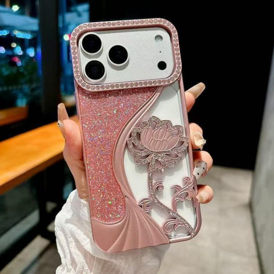 For iPhone 17 Pro Max Electroplated TPU Lotus Hollow-carved  Rhinestone Glitter Phone Case(Pink)