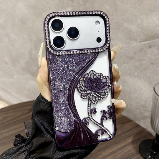 For iPhone 17 Pro Max Electroplated TPU Lotus Hollow-carved  Rhinestone Glitter Phone Case(Purple)