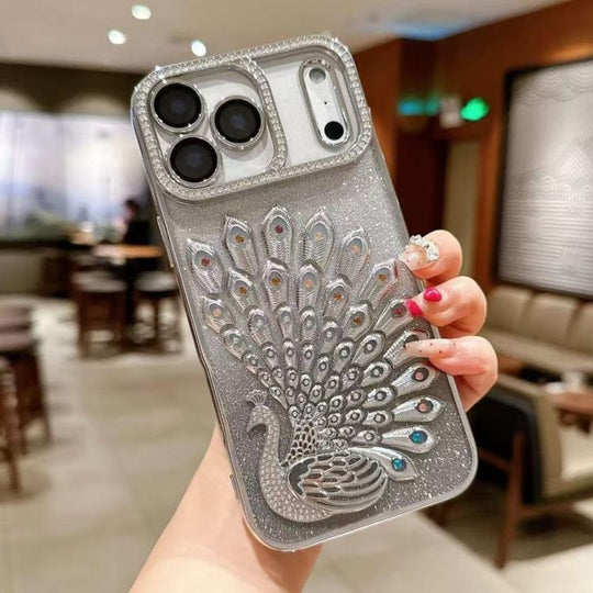 For iPhone 17 Pro Max Electroplated TPU Peacock Relief Rhinestone Glitter Phone Case with Lens Film(Silver)