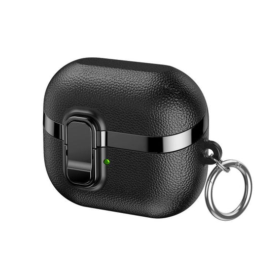 For Samsung Galaxy Buds3 Electroplated Leather Texture Wireless Earphones Protective Case with Security Lock(Black)