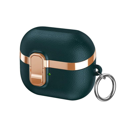 For Samsung Galaxy Buds3 Electroplated Leather Texture Wireless Earphones Protective Case with Security Lock(Dark Green)