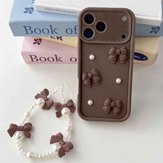 For iPhone 17 Pro Max Soft Silicone 3D Bowknot Pearl Phone Case with Beaded Wrist Strap(Coffee)
