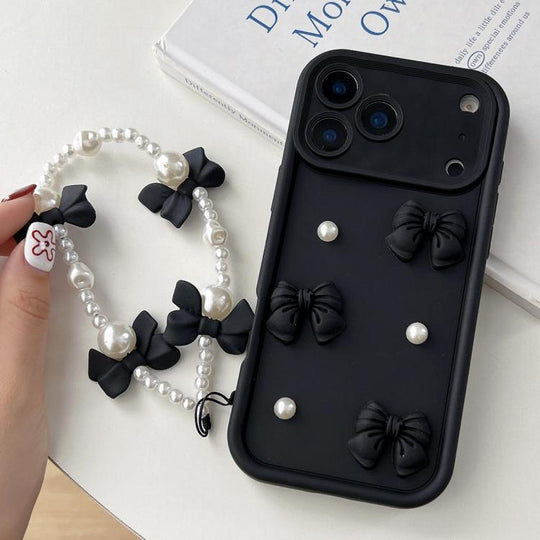 For iPhone 17 Pro Max Soft Silicone 3D Bowknot Pearl Phone Case with Beaded Wrist Strap(Black)