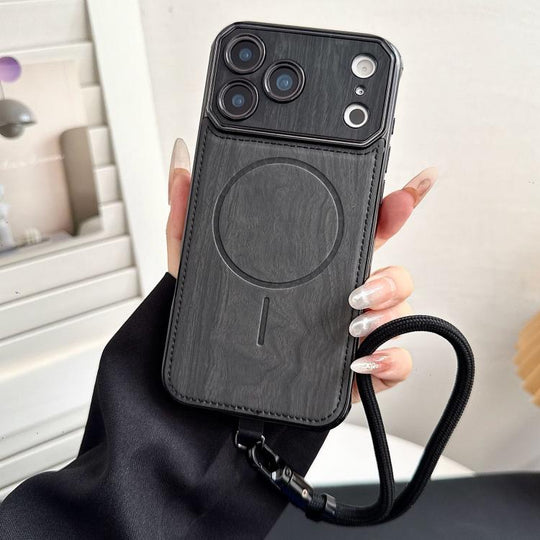 For iPhone 17 Pro Max Large Window TPU Electroplated Wood Grain PU MagSafe Phone Case with Lens Film & Strap(Black)