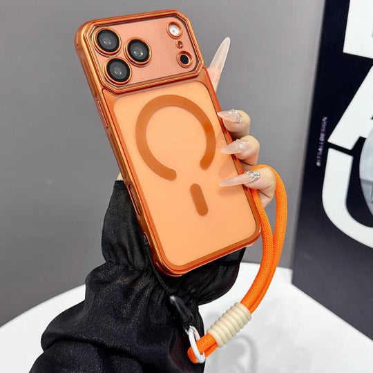 For iPhone 18 Pro Max / 17 Pro Max Large Window Matte Electroplated TPU MagSafe Phone Case with Hand Strap(Orange)