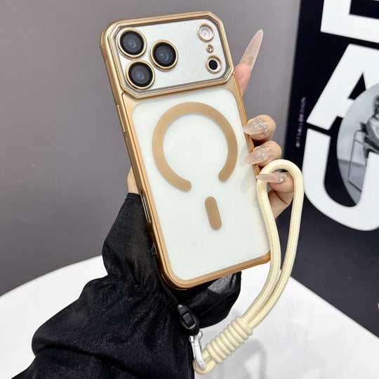 For iPhone 18 Pro Max / 17 Pro Max Large Window Matte Electroplated TPU MagSafe Phone Case with Hand Strap(Gold)