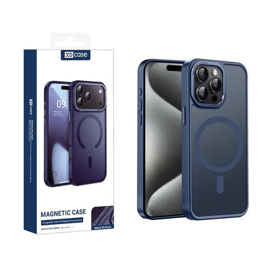 For iPhone 15 Pro XDcase Metal Lens Frame Skin Feel Magnetic Phone Case(Dark Blue)